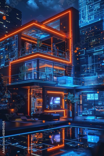 Technology Concept  Futuristic smart home with neon lighting and digital overlay