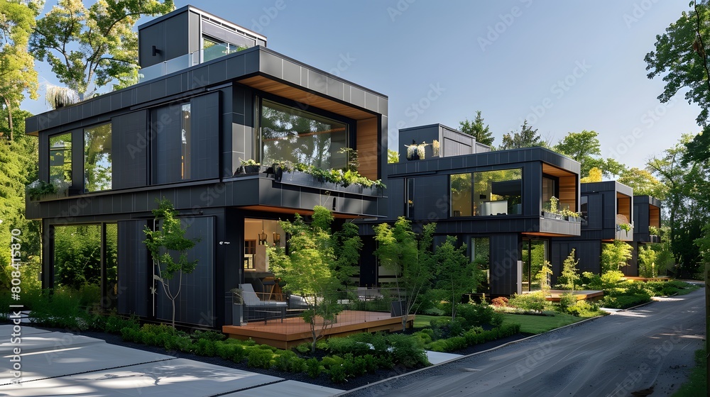 A group of modular black townhouses with staggered structures, rooftop solar panels, and lush landscaping around the shared driveway.