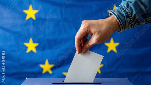 person voting in a box with the flag of the European Union in high resolution and high quality photo