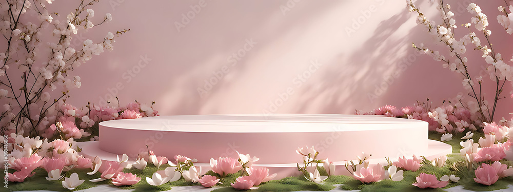 Background podium 3D spring flower product beauty pink display nature. 3D podium stand background scene floral mockup cosmetic white blossom summer abstract shadow platform minimal design render stag Background podium 3D spring flower product beauty pink display nature. 3D podium stand background scene floral mockup cosmetic white blossom summer abstract shadow platform minimal design render stag