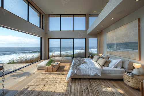 Serene Beach House Retreat Featuring Minimalist Modern Design and Natural Materials, Expansive Ocean View Highlighted by Afternoon Sunlight