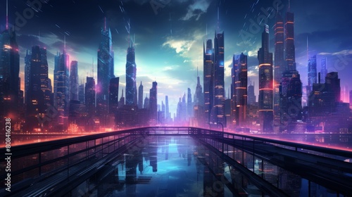 Futuristic cyberpunk cityscape with neon lights and skyscrapers