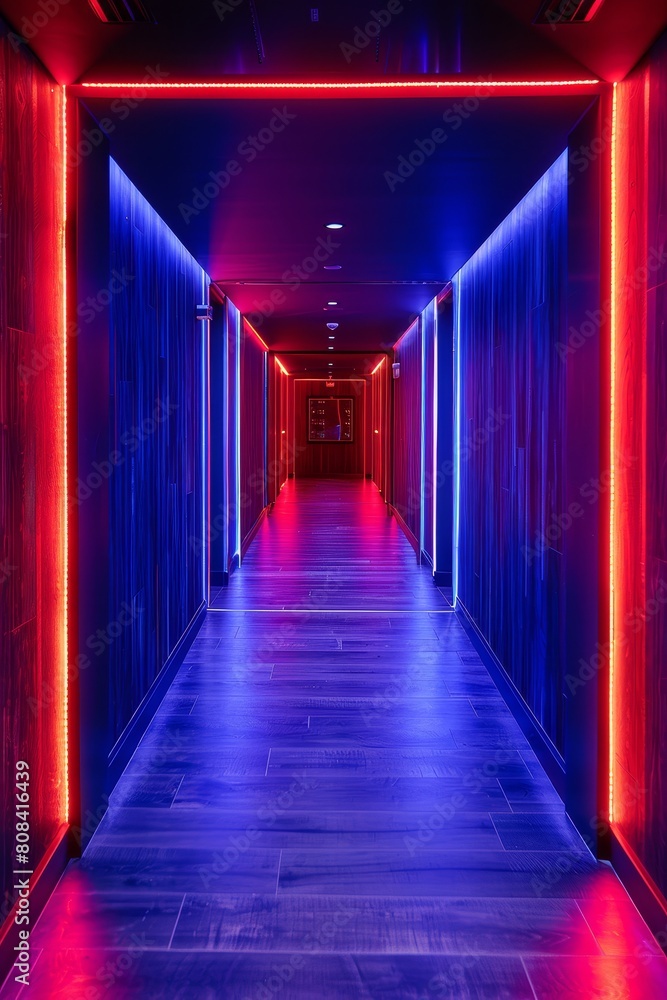 Futuristic corridor illuminated by neon lights in blue and red Futuristic corridor illuminated by neon lights in blue and red