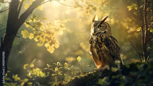 A high-definition 8K image showing a pair of owls perched in the sunlit forest photo