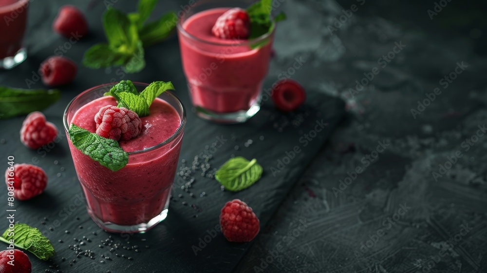 Close view of mixed berry smoothies, mint garnished, on a moody, textured dark background, highlighting the freshness Close view of mixed berry smoothies, mint garnished, on a moody, textured dark background, highlighting the freshness
