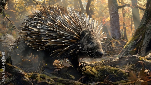 A high-definition 8K image showing a porcupine scuttling through the forest underbrush with intricate, sharp details.
