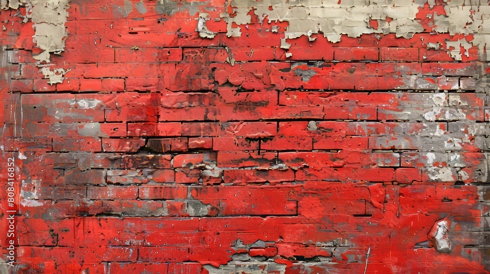 Fototapeta premium Close view of a distressed red brick wall, capturing the essence of urban life and architectural history, perfect for thematic art projects