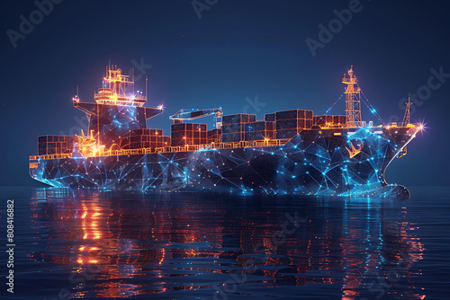  A majestic cargo ship adorned with vibrant containers, navigating the vast ocean, symbolizing global trade and maritime industry