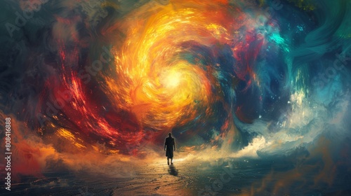 The fantastic scenery of a man standing alone in a surreal landscape with a giant glowing vortex in the sky.