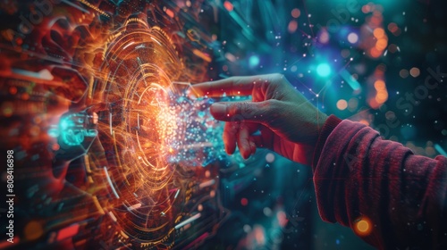 The hand of a person in a red sleeve reaches out to touch a glowing orange orb of light floating in a dark blue space filled with bright lights.