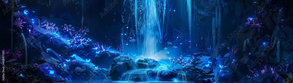 A bioluminescent waterfall cascading into a hidden grotto filled with sparkling crystals and glowing flora Render in a 3D illustration with a sense of discovery and wonder A bioluminescent waterfall cascading into a hidden grotto filled with sparkling crystals and glowing flora Render in a 3D illustration with a sense of discovery and wonder