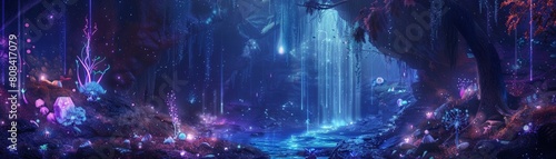 A bioluminescent waterfall cascading into a hidden grotto filled with sparkling crystals and glowing flora Render in a 3D illustration with a sense of discovery and wonder photo