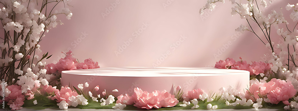 Background podium 3D spring flower product beauty pink display nature. 3D podium stand background scene floral mockup cosmetic white blossom summer abstract shadow platform minimal design render stag Background podium 3D spring flower product beauty pink display nature. 3D podium stand background scene floral mockup cosmetic white blossom summer abstract shadow platform minimal design render stag