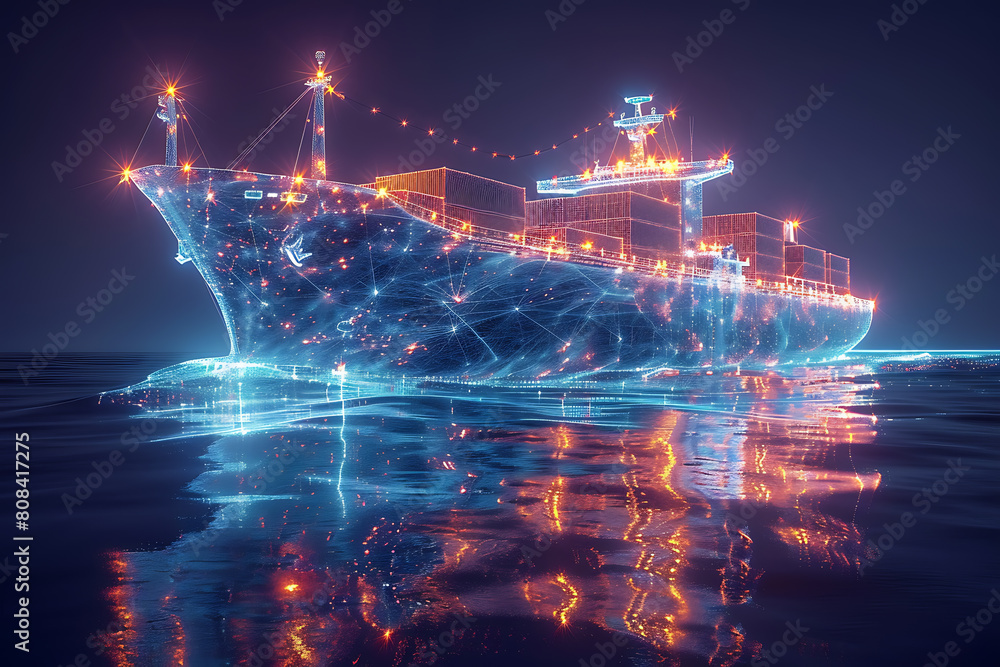 A majestic cargo ship adorned with vibrant containers, navigating the vast ocean, symbolizing global trade and maritime industry A majestic cargo ship adorned with vibrant containers, navigating the vast ocean, symbolizing global trade and maritime industry