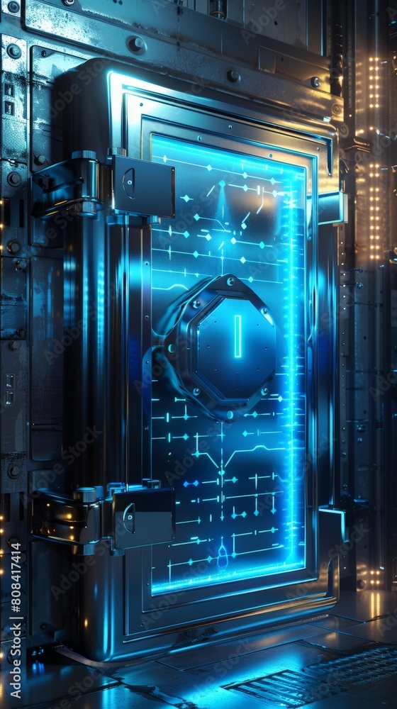A chrome security vault with a glowing blue access panel and a holographic security grid shimmering across its surface Render in a hyperrealistic 3D style A chrome security vault with a glowing blue access panel and a holographic security grid shimmering across its surface Render in a hyperrealistic 3D style