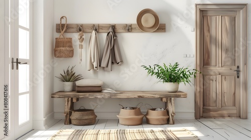 A high-definition image of a modern entryway with a wall-mounted coat rack above a polished wooden bench. The style combines farmhouse design with woven baskets and potted plants