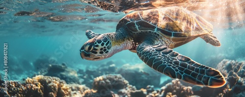 A closeup shot of a sea turtle swimming gracefully underwater, with sunlight filtering through the waves photo