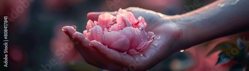 A closeup of a hand gently cupping a single  perfect pink peony blossom with morning dew clinging to its petals