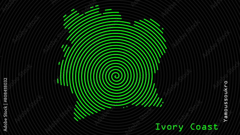 A map of Ivory Coast, with a dark background and the country's outline in the shape of a colored spiral, centered around the capital. A simple sketch of the country. A map of Ivory Coast, with a dark background and the country's outline in the shape of a colored spiral, centered around the capital. A simple sketch of the country.