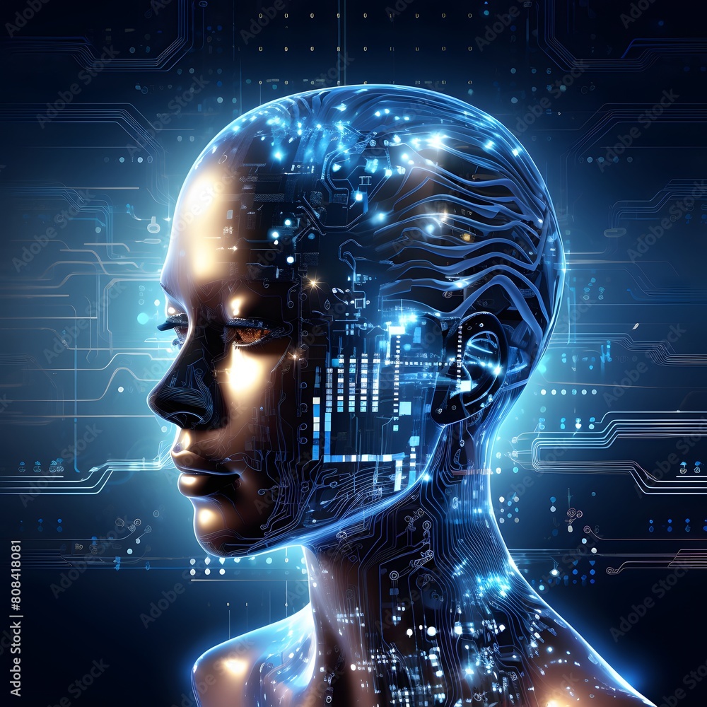 Obraz premium Digital human face with glowing eyes and circuit board background. Generative AI.