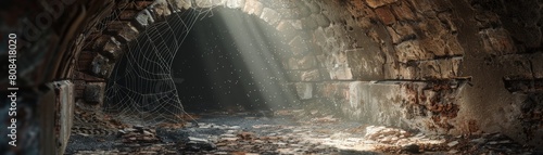 A crumbling stone vault deep underground, with cobwebs and dust motes dancing in a single shaft of light Render in a hauntingly beautiful 3D style with an emphasis on age and decay photo