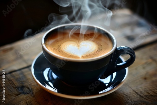 A cup of steaming coffee with a perfect heartshaped latte art design  ideal for a cozy and warm love theme