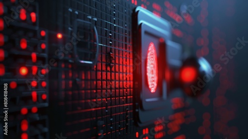 A digital fingerprint scanner glowing red as it denies access to a hightech security vault Render in a closeup 3D style with a focus on detail and texture photo