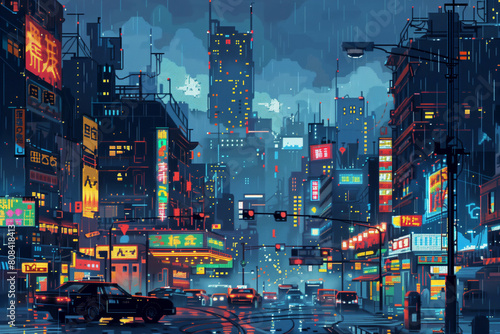 Retro cyberpunk. Pixel city pulsates with neon signs & flying cars. 8-bit vibes, electrifying