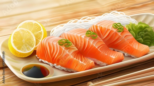 A high-definition, realistic image capturing salmon sashimi served with funchosa noodles, lemon slices, and soy sauce on a wooden table. The image should look like it's captured by an HD camera