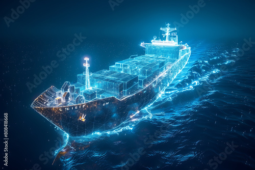 A wireframe-style illustration depicts a cargo ship laden with containers, emphasizing transportation and logistics in modern shipping