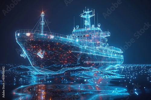 A wireframe-style illustration depicts a cargo ship laden with containers, emphasizing transportation and logistics in modern shipping