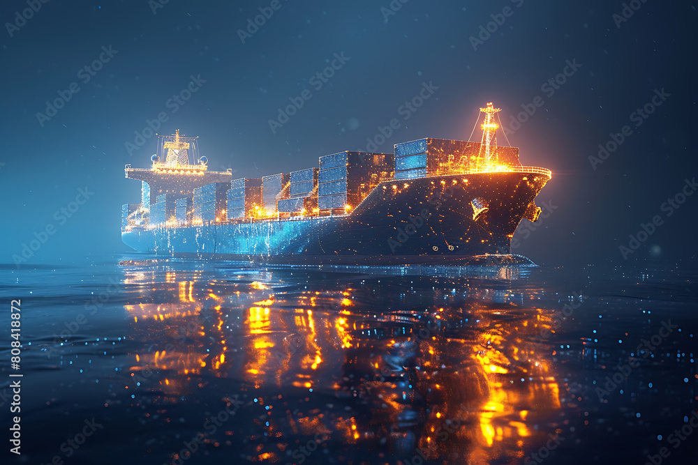A wireframe-style illustration depicts a cargo ship laden with containers, emphasizing transportation and logistics in modern shipping A wireframe-style illustration depicts a cargo ship laden with containers, emphasizing transportation and logistics in modern shipping