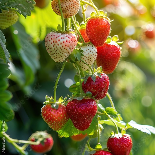 Organic strawberry plantations  they are fully ripe ready to harvest and have a bright red color. Sweetness and the fresh taste of freshly picked strawberries 