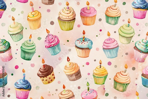 A handpainted watercolor pattern with a whimsical collection of cupcakes and candles, ideal for birthday cards