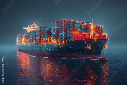 A wireframe-style illustration depicts a cargo ship loaded with containers, highlighting modern logistics and transportation technology
