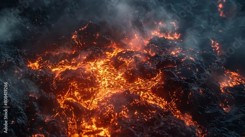 Close-up on fiery lava bubbling in the heart of a dark, mythical hell city, smoky atmosphere, invoking fear and awe photo