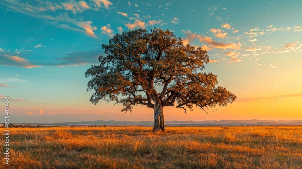 Close-up on a grand tree in an open field, the sky painted with hues of blue and orange, capturing a moment of tranquility