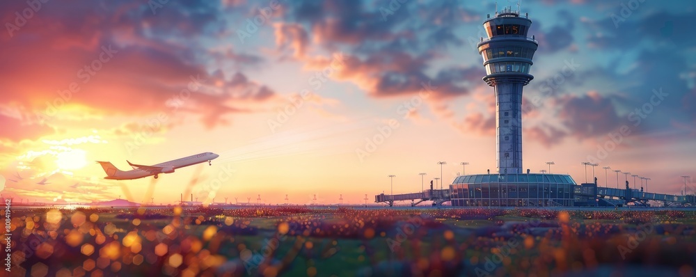Obraz premium Sleek airport control tower, departing plane in bokeh with ample copy space