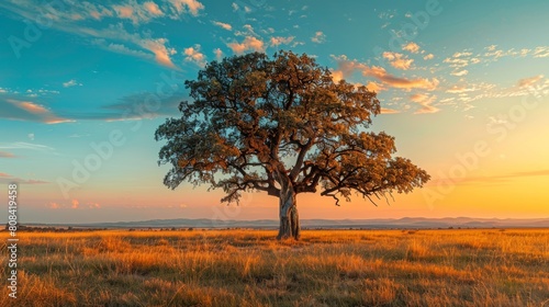 Close-up on a grand tree in an open field  the sky painted with hues of blue and orange  capturing a moment of tranquility