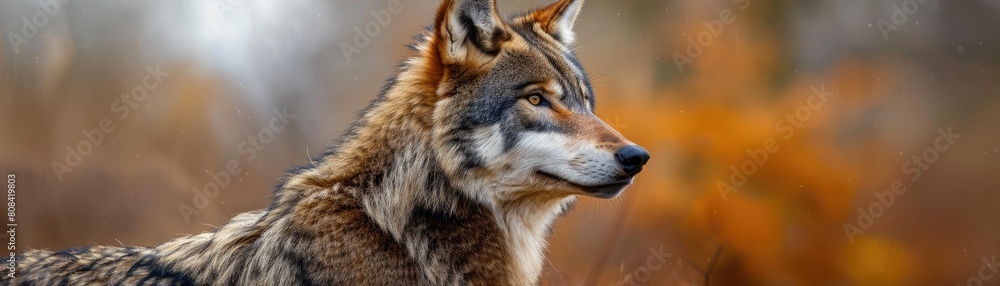 A glorious wolf stands tall, its fur streaming in the breeze