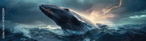 An Exceptional Whale jumps from the turbulent ocean as lightning strikes the water
