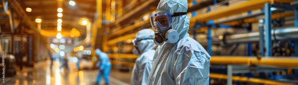 Engineers wearing hazmat suits are conducting an inspection of a fuel leak within an industrial warehouse Engineers wearing hazmat suits are conducting an inspection of a fuel leak within an industrial warehouse