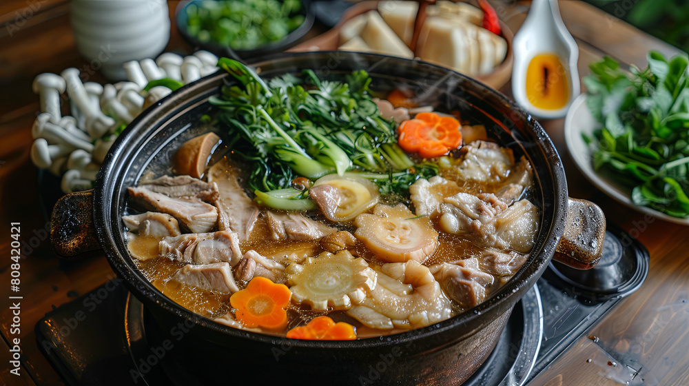 Homemade Pork Hotpot: A cozy setting with a pot of savory broth, pork slices, and fresh veggies for a delicious meal. Homemade Pork Hotpot: A cozy setting with a pot of savory broth, pork slices, and fresh veggies for a delicious meal.