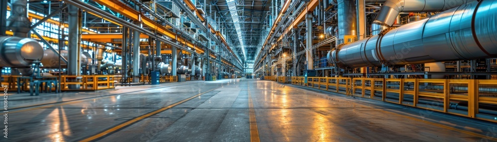 Extensive perspective of a large industrial warehouse within a production facility, displaying intricate equipment and metal support structures Extensive perspective of a large industrial warehouse within a production facility, displaying intricate equipment and metal support structures
