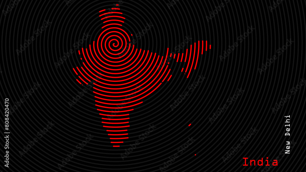 A map of India, with a dark background and the country's outline in the shape of a colored spiral, centered around the capital. A simple sketch of the country. A map of India, with a dark background and the country's outline in the shape of a colored spiral, centered around the capital. A simple sketch of the country.