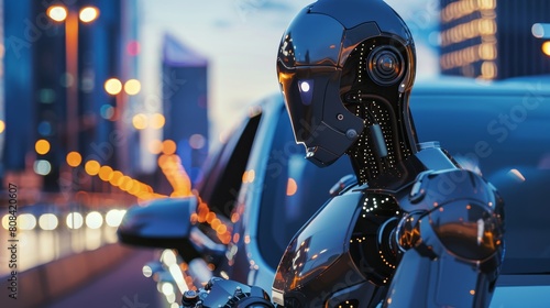 Close-up of a futuristic robot bodyguard in a sleek suit  standing guard by a luxury limousine  urban skyline at dusk  vibrant colors