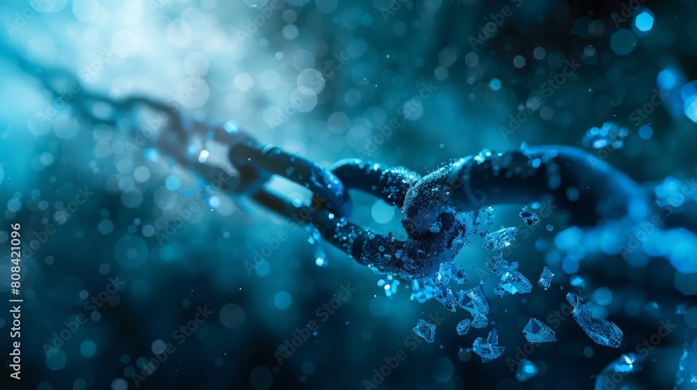 A single, blue chain link shattering into smaller fragments, each containing a shard of data, depicting the concept of distributed ledger technology A single, blue chain link shattering into smaller fragments, each containing a shard of data, depicting the concept of distributed ledger technology