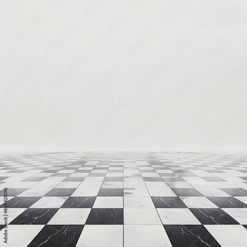A single chessboard, perfectly centered, on a vast white floor