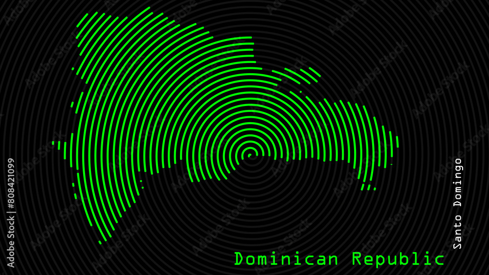 A map of Dominican Republic, with a dark background and the country's outline in the shape of a colored spiral, centered around the capital. A simple sketch of the country. A map of Dominican Republic, with a dark background and the country's outline in the shape of a colored spiral, centered around the capital. A simple sketch of the country.