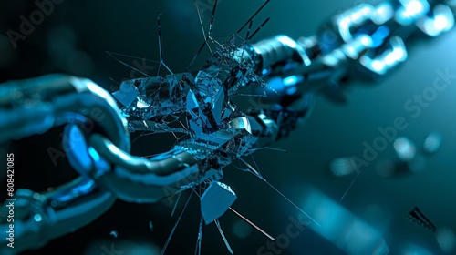 A single, blue chain link shattering into smaller fragments, each containing a shard of data, depicting the concept of distributed ledger technology